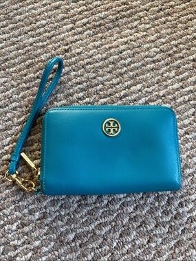 Tory Burch Blue Robinson Leather Zip Around Wristlet Wallet